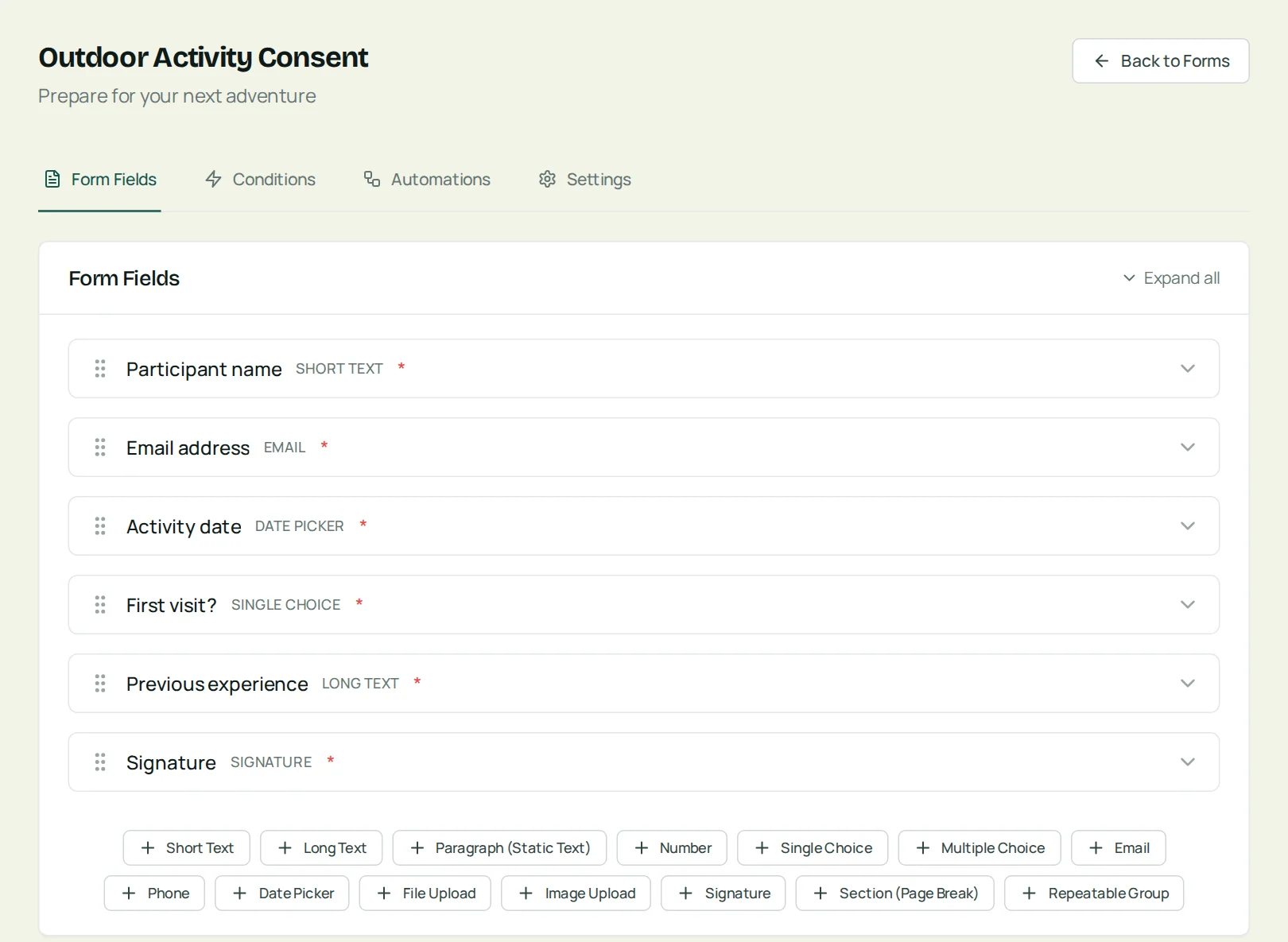 Outdoor Activity Consent in the FieldWaiver form builder.