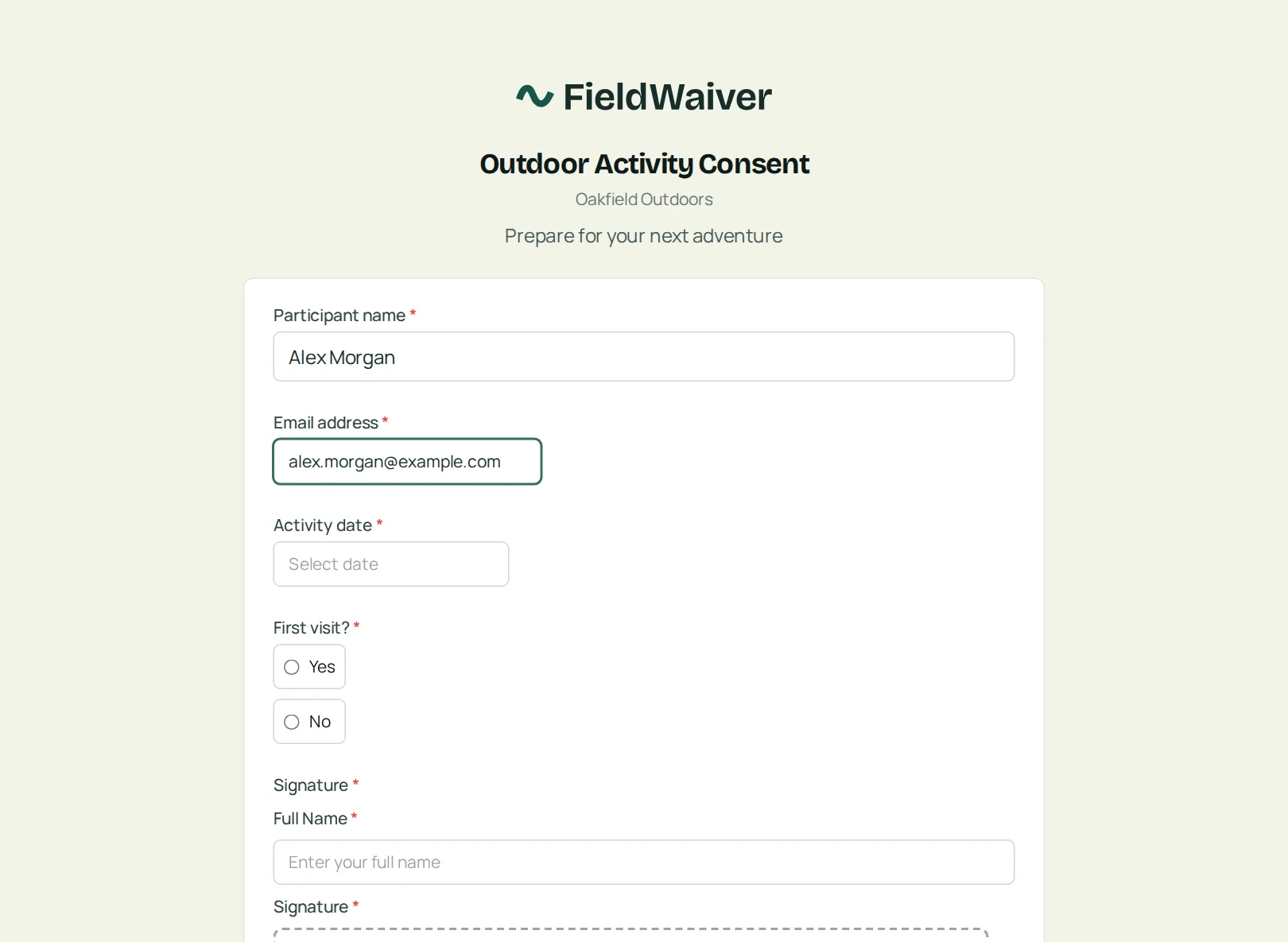 Participant view of an outdoor activity consent form.