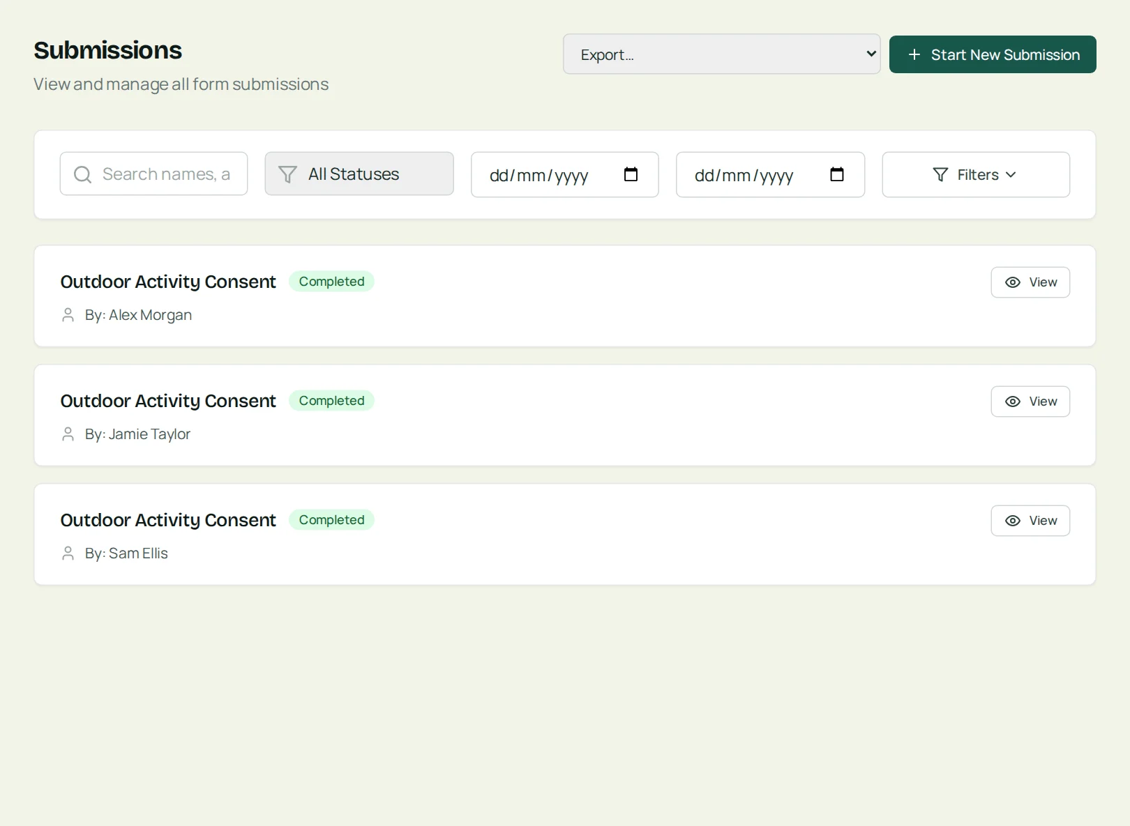 Completed outdoor activity waivers in the submissions list.